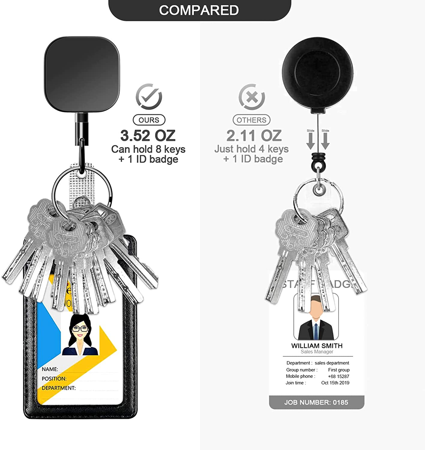 Retractable Badge Holder Key Reel, 2 Pack Heavy Duty Metal ID Badge Holder  with Belt Clip Key Ring for Name Card Keychain