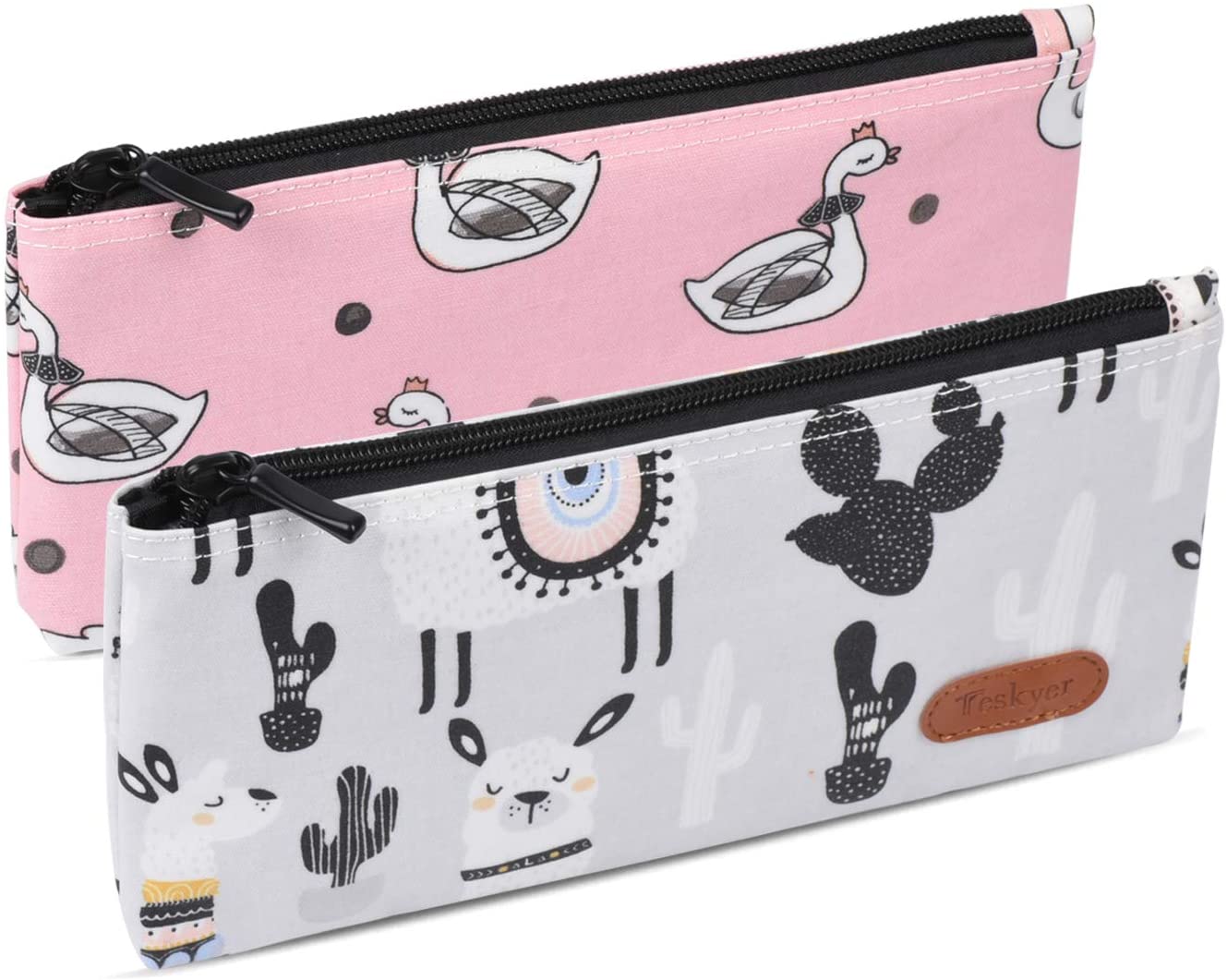 Beige Green Cat Graphic Pencil Cases Stationery Zipper School Pouches