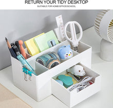 Load image into Gallery viewer, Teskyer Desk Organizer Pen Holder, Desk Accessories and Workspace Organizer with 7 Compartments and Drawer for Storage Office Supply, White
