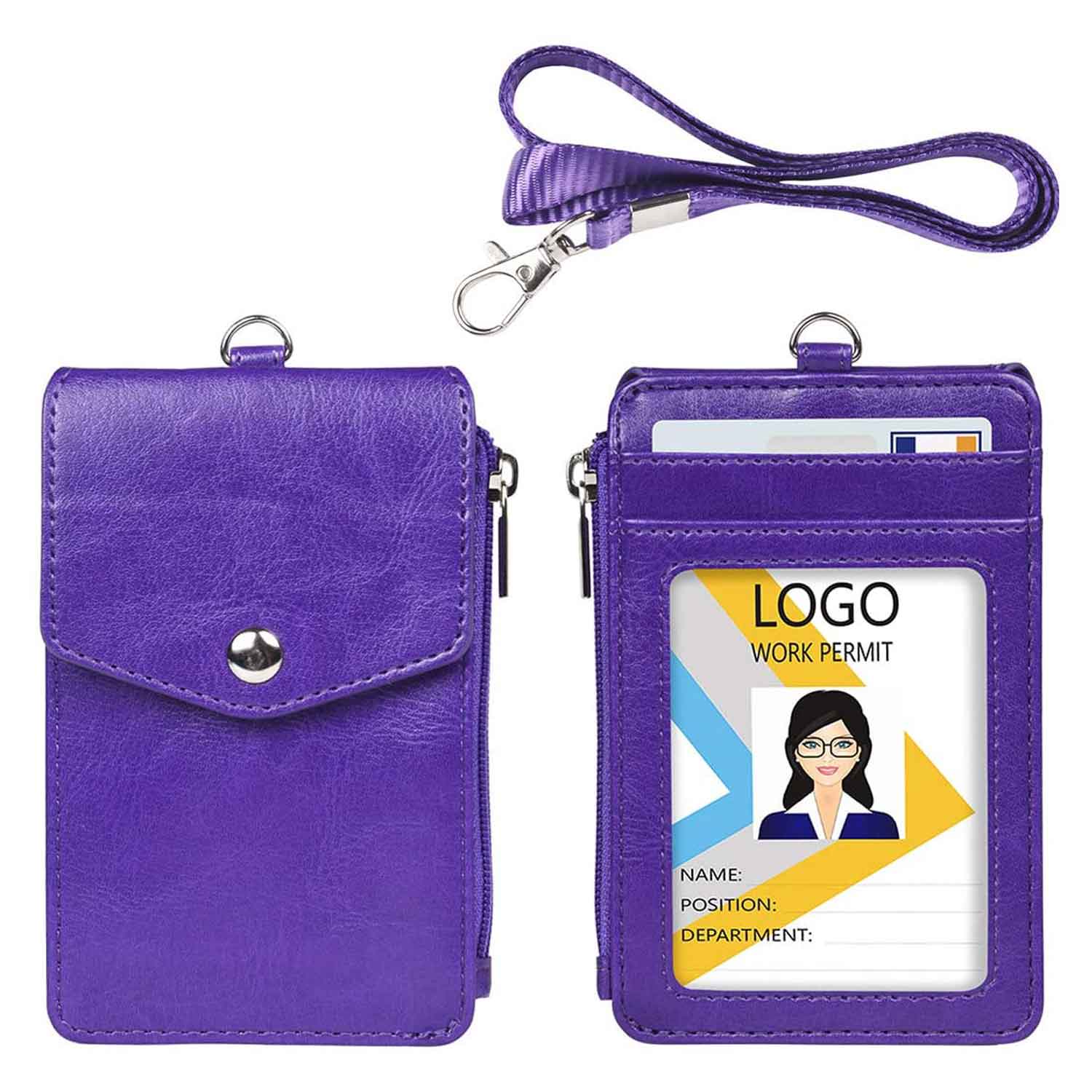 Badge Holder with Zipper, EEEkit PU Leather ID Badge Card Holder Wallet  with 1 ID Window, 4 Card Slots, 1 Side Zipper Blocking Pocket for Offices ID,  School ID, Driver Licence, Black/Blue 