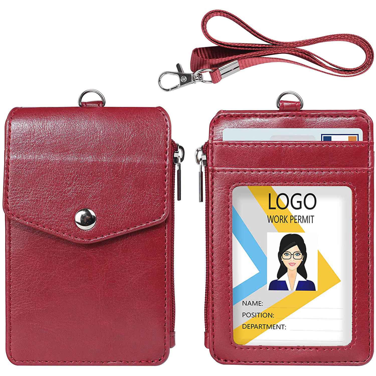  PU Leather Badge Holder with Zipper Pocket,with Retractable  Lanyard 1 Clear ID Window and 3 Card Slots for Office School