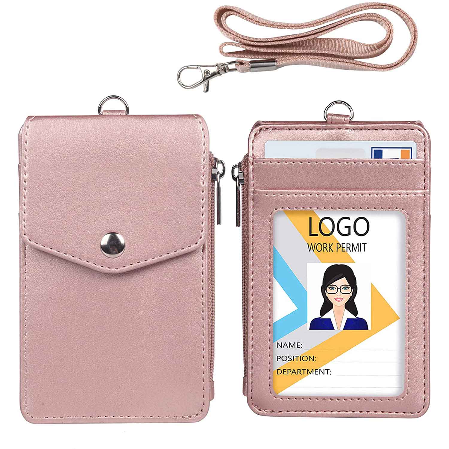  Rose Gold Stars Card Holder Vertical PU Leather Badge Holder  with 1 Clear ID Card Window 2 Card Slot and 1 Neck Lanyard for Office,  School, ID Credit Card, Driver License 