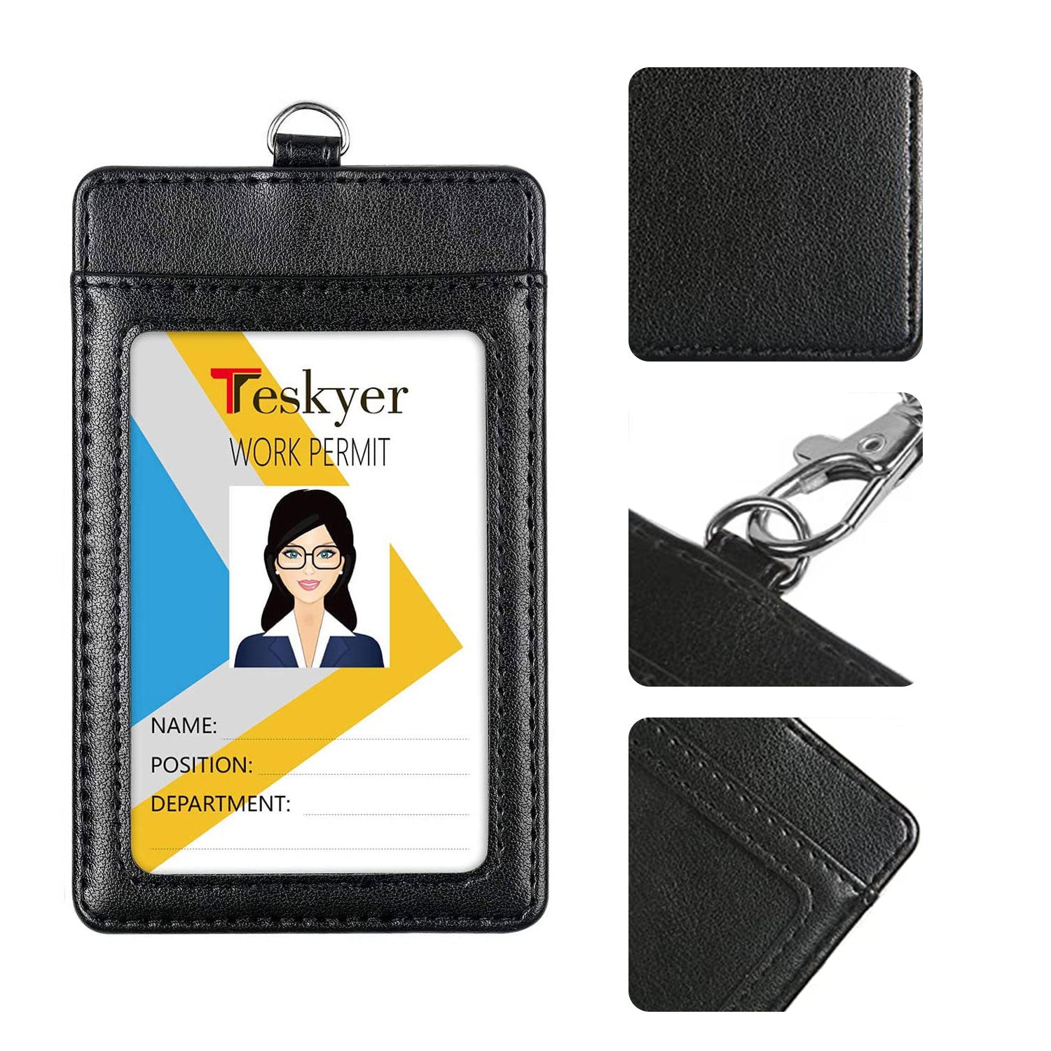 ID Badge Holder with Retractable Lanyard, 4 Card Slots, Premium PU Leather ID Card Holder with Zipper Pocket, Easy Swipe ID Holder for Work ID, School