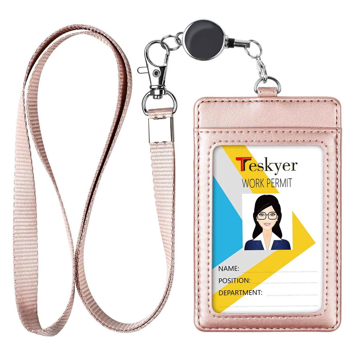 ELV Badge Holder, PU Leather ID Badge Card Holder Wallet with 5
