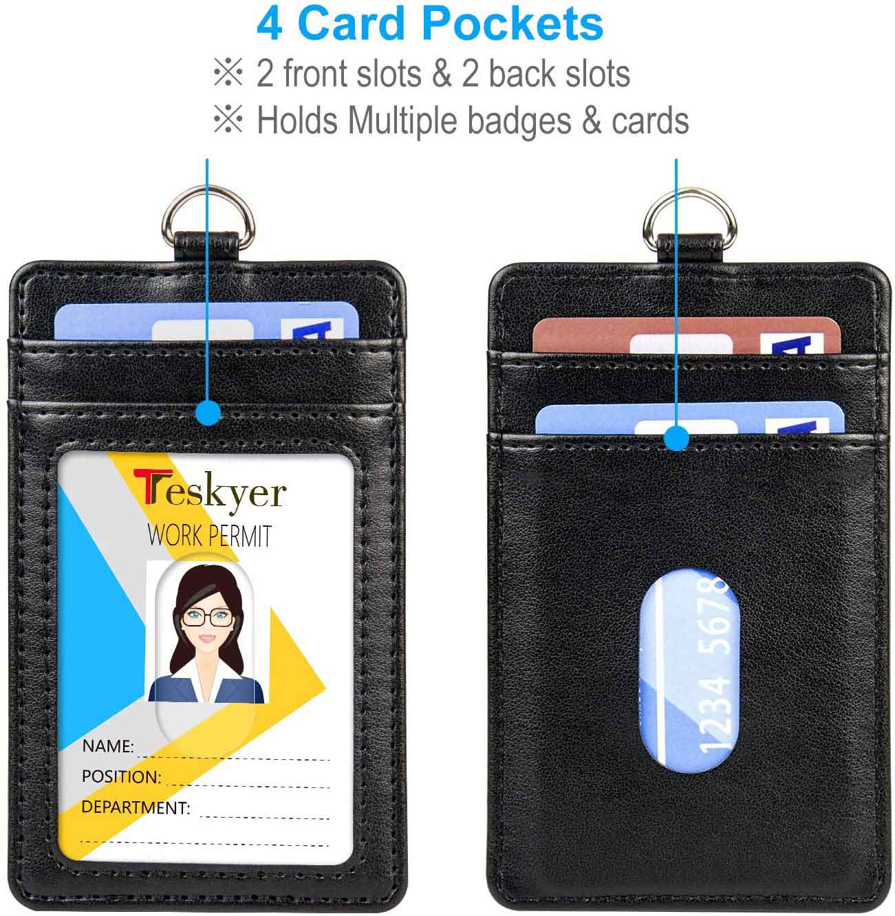  PU Leather Badge Holder with Zipper Pocket,with Retractable  Lanyard 1 Clear ID Window and 3 Card Slots for Office School