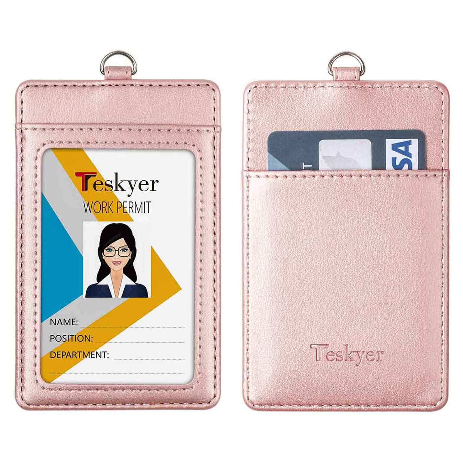  Rose Gold Stars Card Holder Vertical PU Leather Badge Holder  with 1 Clear ID Card Window 2 Card Slot and 1 Neck Lanyard for Office,  School, ID Credit Card, Driver License 