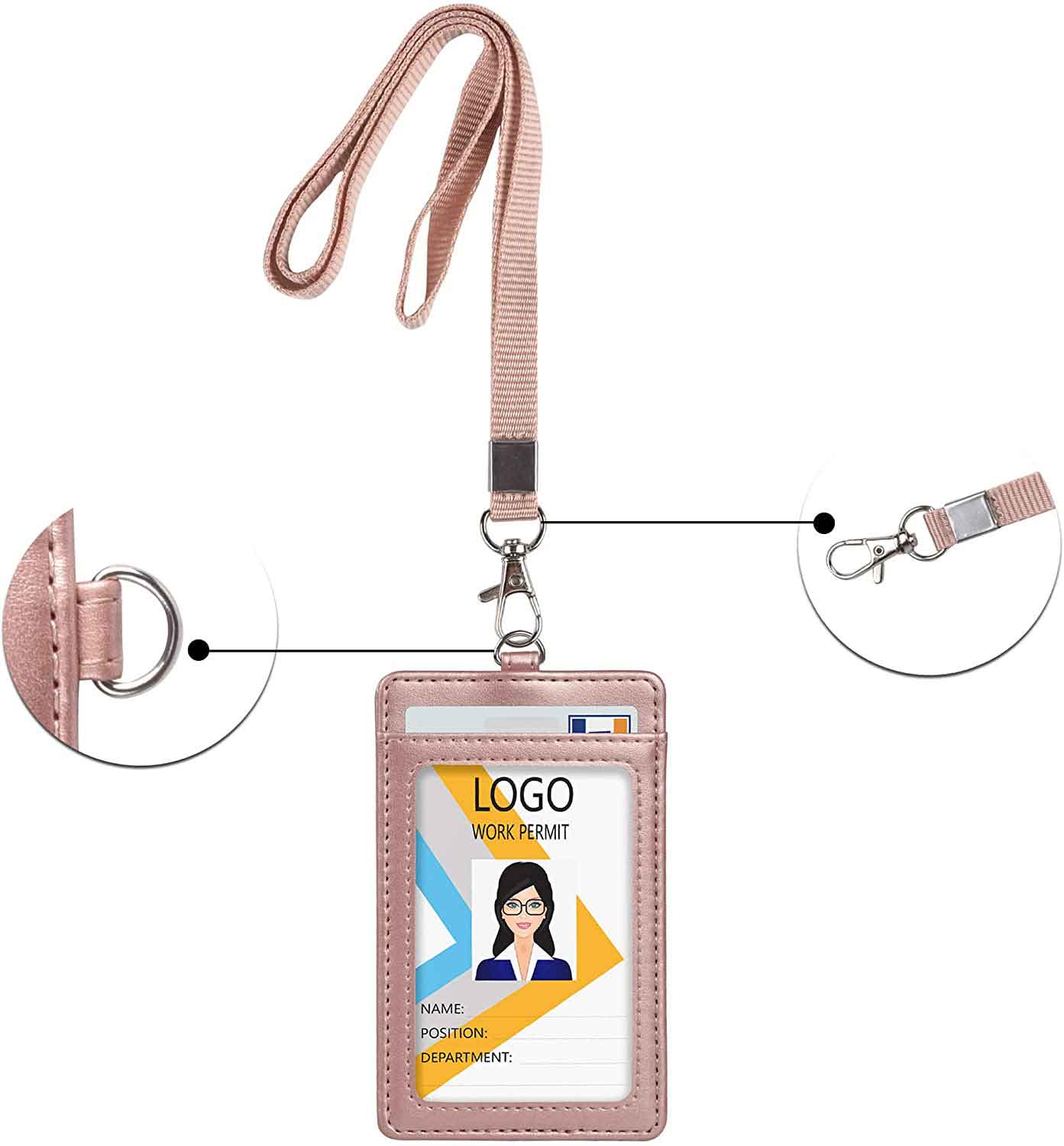 Rose Gold Stars Card Holder Vertical PU Leather Badge Holder with 1 Clear  ID Card Window 2 Card Slot and 1 Neck Lanyard for Office, School, ID Credit